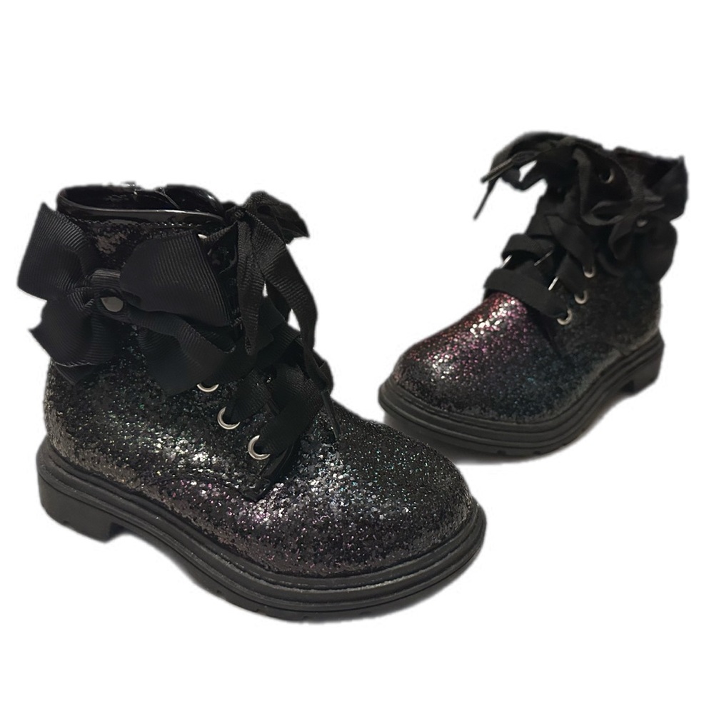 JOJO Siwa little girls Black Sparkly Rainbow Glitter Zip-Up Boots with Bow